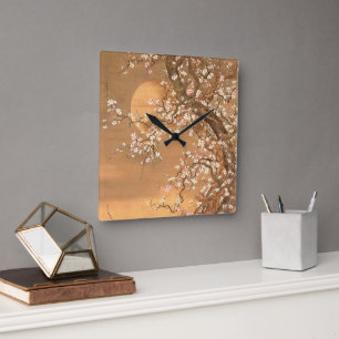 Pink and White Plum Blossoms in Moonlight, Shizan  Square Wall Clock