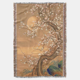 Pink and White Plum Blossoms in Moonlight, Shizan  Throw Blanket