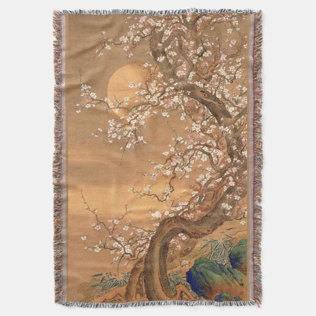Pink and White Plum Blossoms in Moonlight, Shizan  Throw Blanket (Front Vertical)