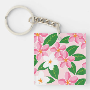 Pink and White Plumeria Floral Pattern Key Ring