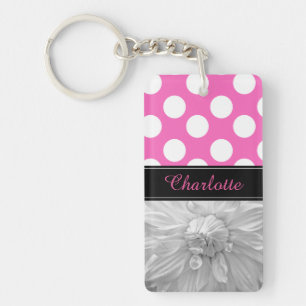 Pink and White Polka Dot and Floral Keychain