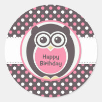 Pink and White Polka Dot Owl Birthday Sticker
