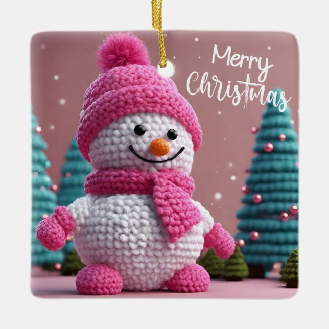 Pink and White Polka Dot Snowman Ceramic Ornament (Front)