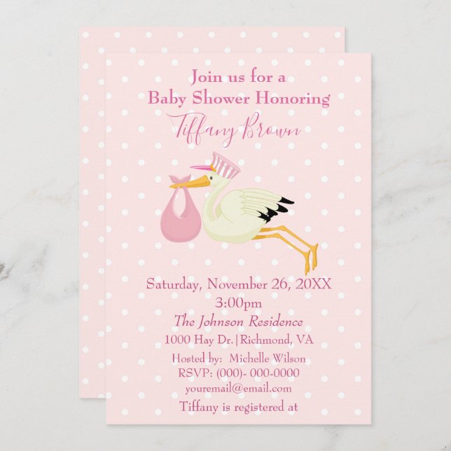 Pink and White Polka Dot Stork Baby Shower Invitation (Front/Back)