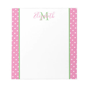 Pink and White Polka Dot With Green Monogram Notepad