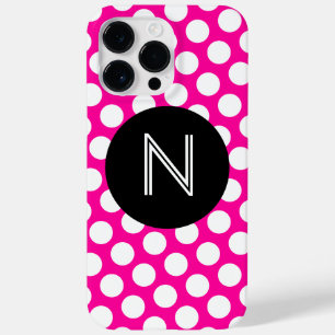 Pink and White Polka Dots Black Circle Monogram Case-Mate iPhone 14 Pro Max Case
