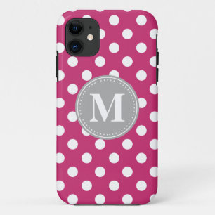 Pink and White Polka Dots Grey Monogram iPhone 11 Case