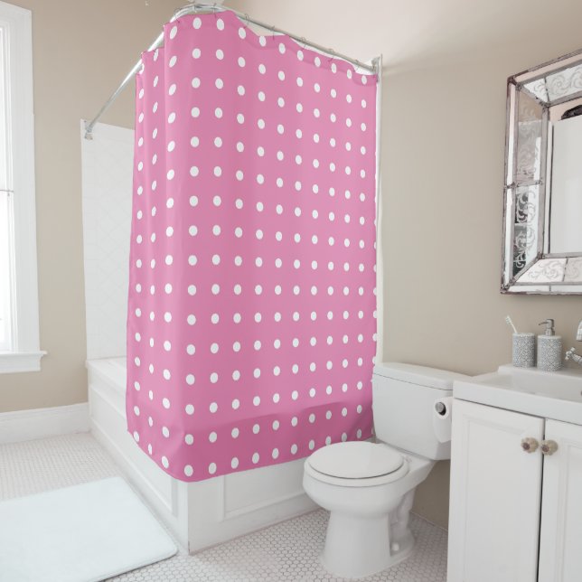 Pink and White Polka Dots Shower Curtain (In Situ)