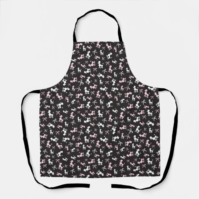 Pink and white poodles black background apron (Front)