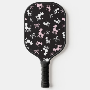 Pink and white poodles black background pickleball paddle