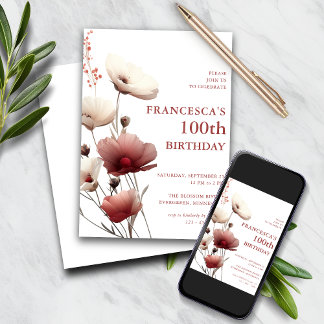 Pink and White Poppy 100th Birthday Invitation