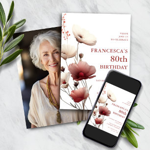 Pink and White Poppy 80th Birthday Invitation