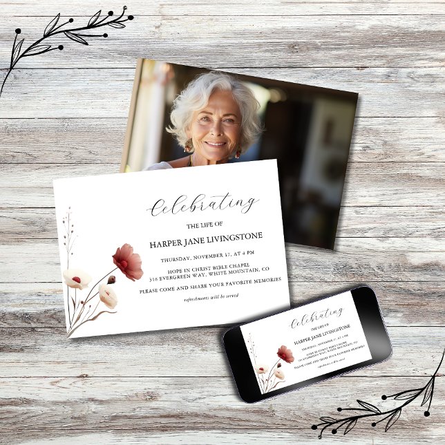 Pink and White Poppy Funeral Memorial Invitation (Creator Uploaded)