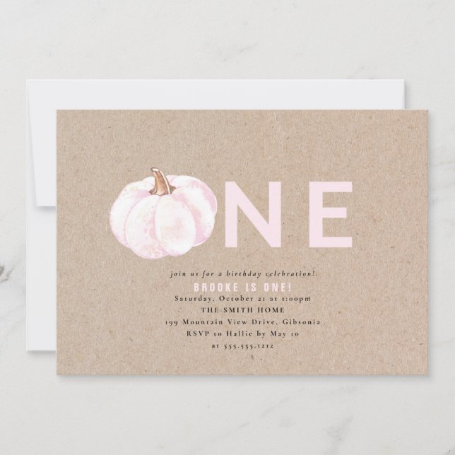 Pink and White Pumpkin First Birthday Invitation (Front)