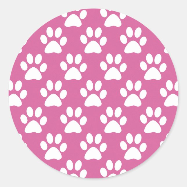 Pink and white puppy paws pattern classic round sticker (Front)