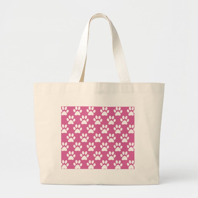 Pink and white puppy paws pattern large tote bag (Front)