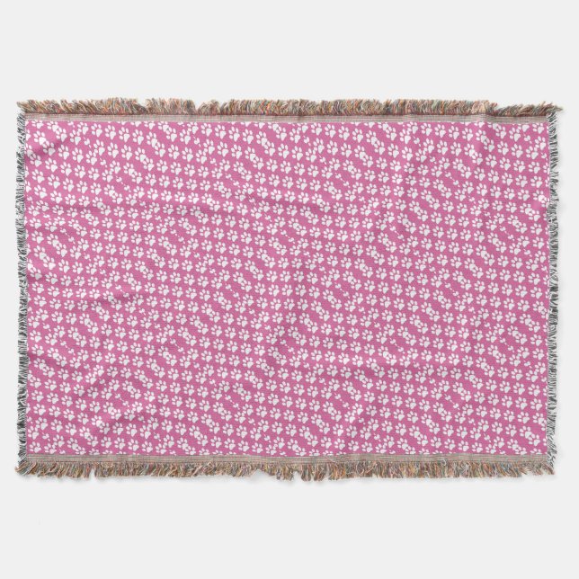 Pink and white puppy paws pattern throw blanket (Front)