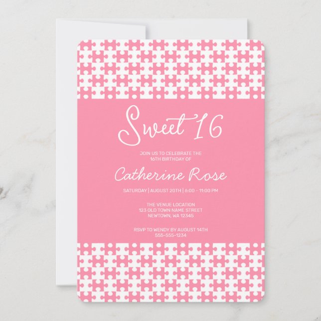 Pink And White Puzzle Chequered Sweet 16 Invitation (Front)