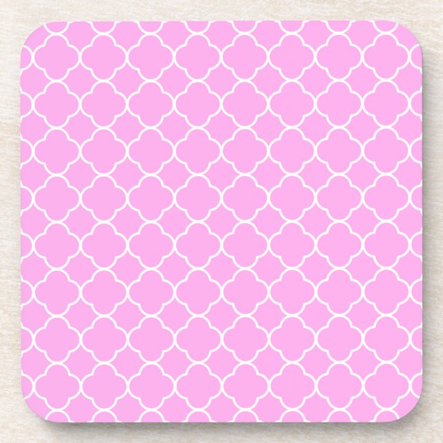 Pink And White Quatrefoil Pattern Coaster (Front)