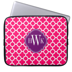 Pink and White Quatrefoil Pattern Monogram Laptop Sleeve