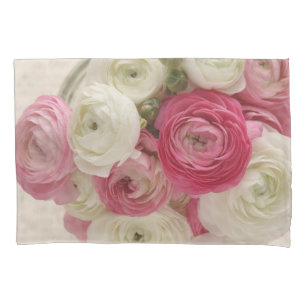 Pink and white ranunculus on script pillowcase