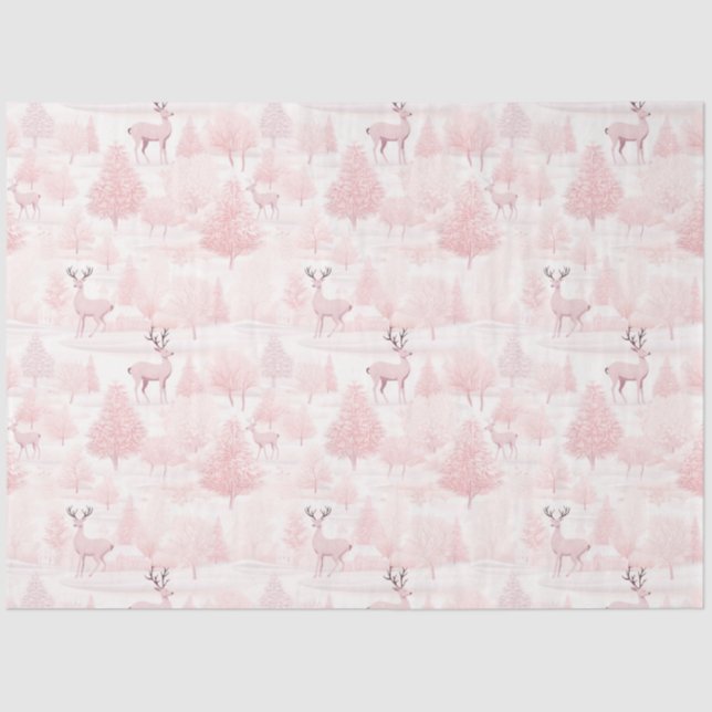 Pink and White Reindeer and Trees Christmas Tissue Paper (Front)