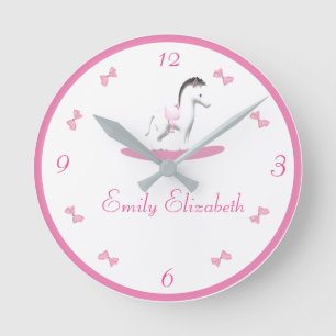 Pink and White Rocking Horse Theme Round Clock