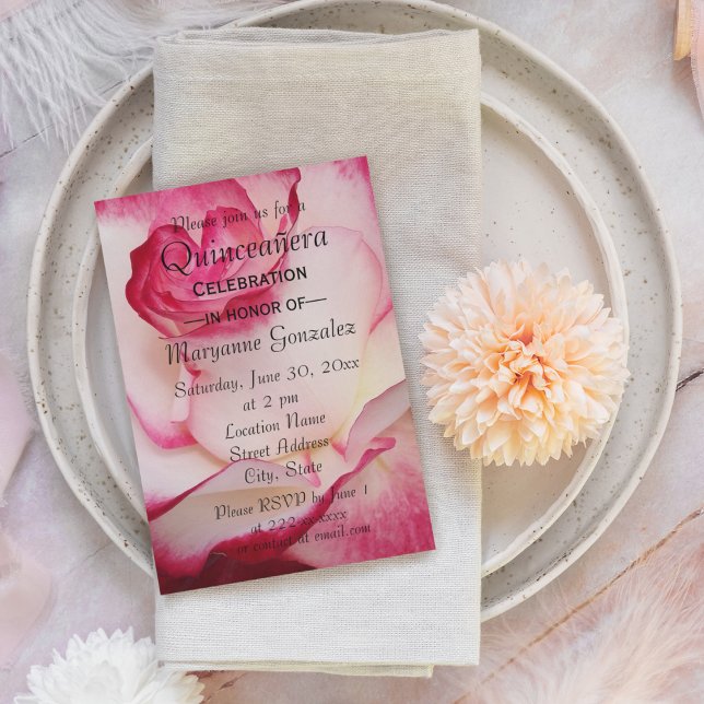 Pink and White Rose Quinceanera Celebration Invitation (In Situ)