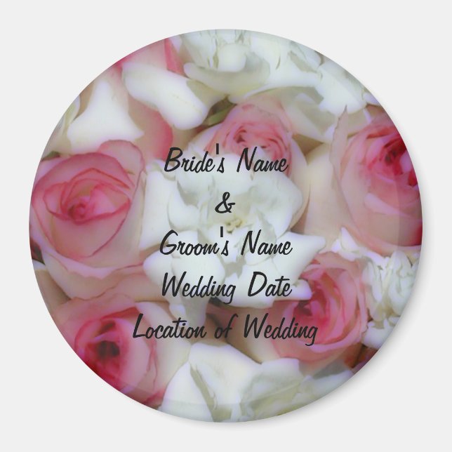 Pink and White Rose Wedding Favour Magnet Template (Front)