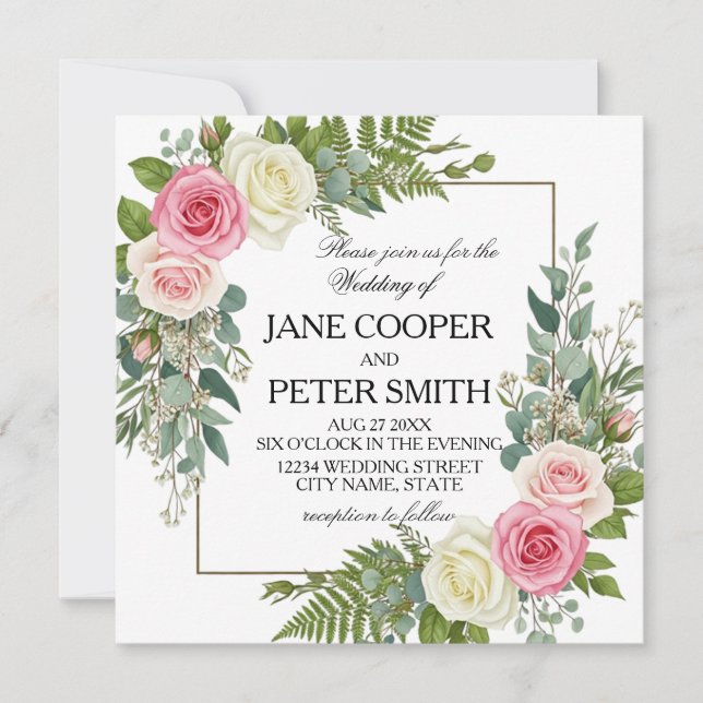 Pink and white roses Budget Wedding Invitation (Front)