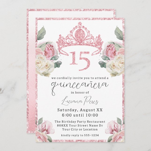 Pink and White Roses Glitter Tiara Quinceañera Invitation (Front/Back)