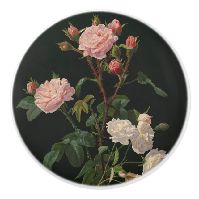 Pink and White Roses on Black Background Ceramic Knob (Front)