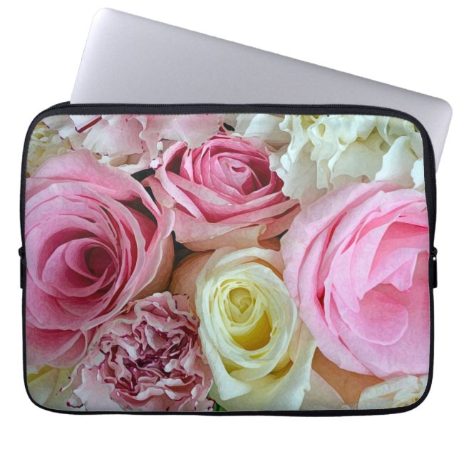Pink and white roses print laptop sleeve (Front)