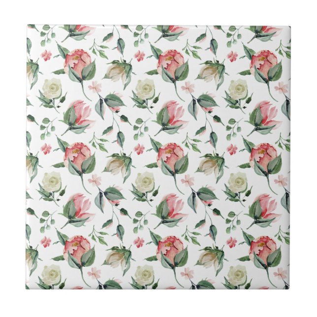 Pink and White Roses Seamless Ceramic Tile (Front)