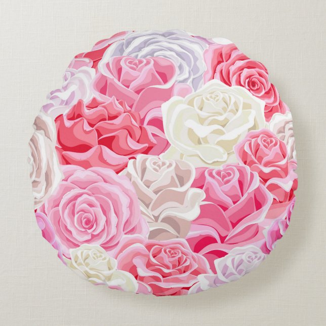 pink and white roses seamless pattern. Flowers tex Round Cushion (Front)