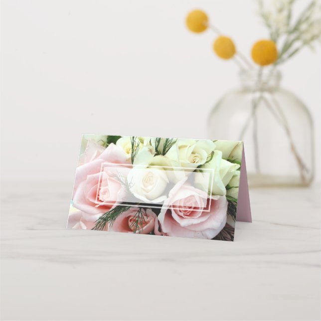 Pink and White Roses Wedding Folded Place Card (Front)