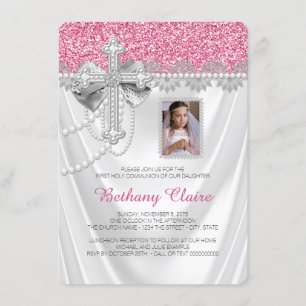 Pink and White Satin Glitter First Communion Invitation
