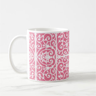 Pink and white scrollwork coffee mug