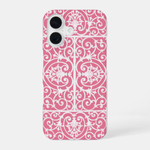 Pink and white scrollwork iPhone 16 case
