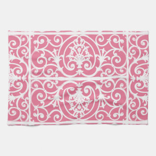 Pink and white scrollwork tea towel