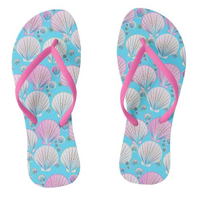 Pink and white sea shells on turquoise thongs (Footbed)