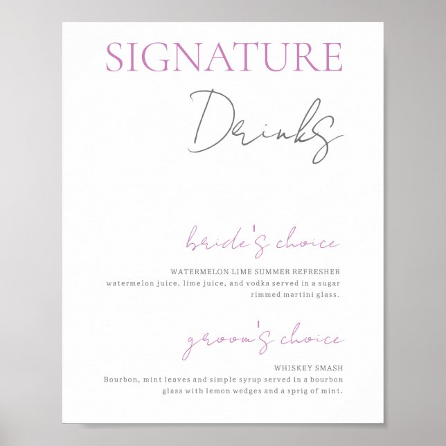 Pink and White Signature Drinks Wedding Bar Poster (Front)