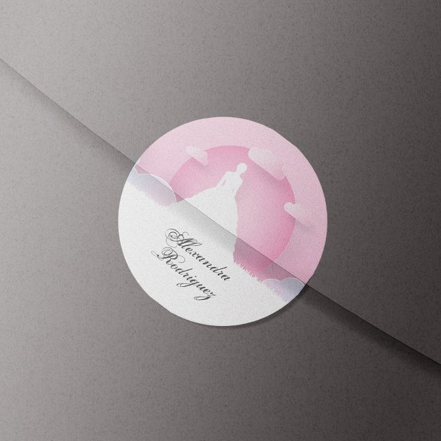 Pink and White Silhouette with Moon Quinceanera Classic Round Sticker (Creator Uploaded)