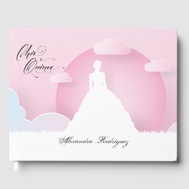 Pink and White Silhouette with Moon Quinceanera Guest Book (Front)
