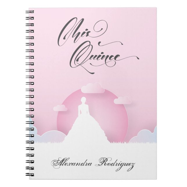 Pink and White Silhouette with Moon Quinceanera Notebook (Front)