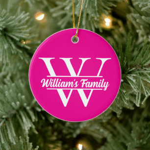 Pink and White   Simple Family Name Monogram  Ceramic Ornament