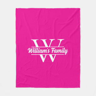 Pink and White Simple Family Name Monogram Fleece Blanket