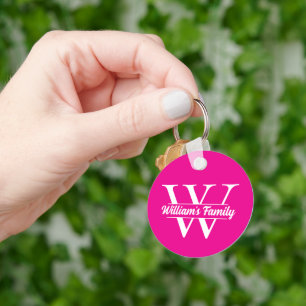 Pink and White   Simple Family Name Monogram  Key Ring