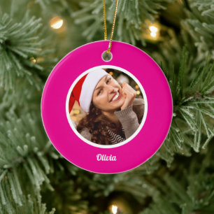 Pink and White Simple Family Name Monogram PHOTO Ceramic Ornament