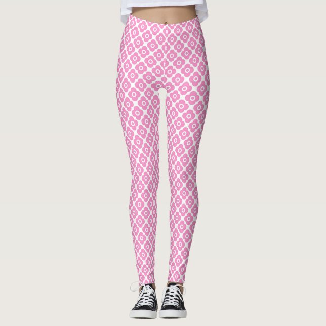 Pink and white simple floral pattern leggings (Front)